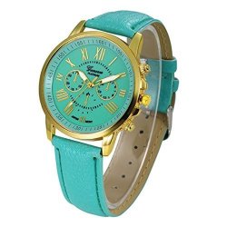 Han Shi Watch Women Fashion Retro Roman Numerals Faux Leather Analog Quartz Wrist Watch M Mint Green
