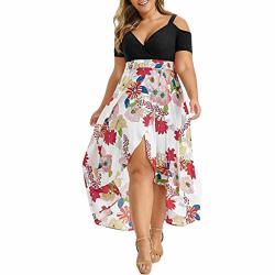 Tuu Women Plus Size Leaky Shoulder Party Dress Floral Printed V Neck Short Sleeve Asymmetric Long Dress Black