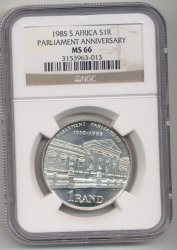 Silver 1 Rand 1985 Parliament Anniversary - MS66 2ND Highest Grade