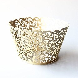 Gospire 50 Pcs Pearl Lace Filigree Wedding Cupcake Wrapper Baking Cake Cups Wraps Party Decoration Laser Cut Titanium White