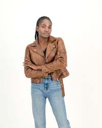 Women's Cargo Biker Waxed Brown 100% Leather Jacket- - 2XL