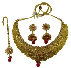 Gold Tone Traditional 3PC Necklace Set Indian Women Traditional Temple Jewelry IMSM-BNS295A