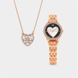 Rose Plated Black Heart Bracelet Watch & Pendant Gift Set