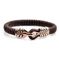 Brown Rose Gold Plated Stainless Steel Detail Leather Bracelet - Medium 19CM