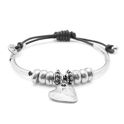 Lizzy James Heartfelt Single Strand Adjustable Silver & Black Leather Charm Bracelet W Silver Hammered Heart Charm