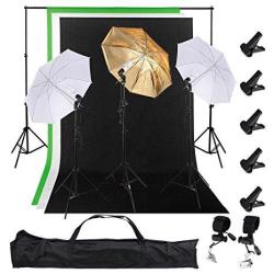 AW Photo Studio 33" 5500K 2X Diffuser Umbrella+golden Reflector Umbrella+backdrop STAND+3 Background 10'X5' Kit