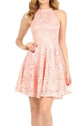 Collection Aulin Womens Halter Sleeveless Floral Lace Skater Dress Rose Medium