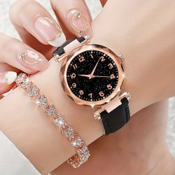 2 Pcs Quartz Watches Pu Leather Strap Zinc Alloy Pointer And Bracelet Jewelry For Women