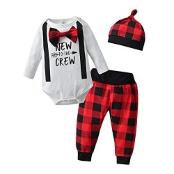 Newborn Infant Baby Boy Clothes Long Sleeve Bow New To The Crew Romper + Red Plaid Pants + Hat 3PCS Outfits Set Newborn Red
