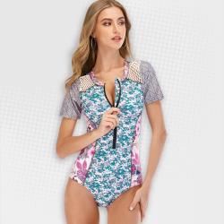 Women's Beautiful Blossoms Short Sleeve Zip Swimwear - XL
