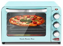 Americana By Elite ERO-2600XBL Vintage Diner 50 S Retro 12 Pizza Countertop Toaster Oven Bake Broil Toast Temperature Control & Adjustable Timer 6 Slice Blue