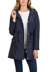 Collection Aulin Women's Satin Faux Fur Lined Hoodie Long Coat Anorak Jacket Navy Large