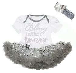 Bling In The New Year Baby Dress White Bodysuit Grey Sequins Tutu Romper NB-18M 12-18 Months