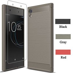 Sony Xperia XA1 Ultra Protective Kit Bundle Carbon Fiber Soft Case With Built-in Tempered Glass Screen Protector Luckqr Full Body Protective Cover Case For