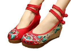 Avacostume Women's Embroidery Floral Strappy Round Toe Platform Wedges Cheongsam 38 Red