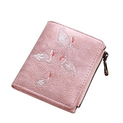 Kukoo Women's Scrub Leather MINI Wallet Flamingo Embroidery Zipper Coin Purse Card Holder