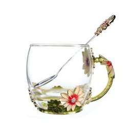 Enamel 4PCS SET Glass Rose Flower Tea Cup Set Spoon Coffee Cup Kit Wedding Gift
