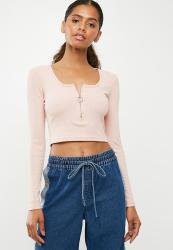 Missguided Long Sleeve Zip Front Ribbed Crop Top - Nude