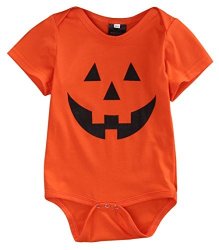 BABY Boys girls Costume Outfit Pumpkin Face Halloween One-piece Bodysuit Romper 3-6 Months Short Sleeve Orange