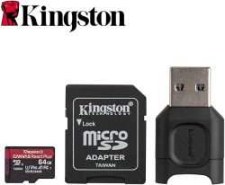 Kingston 64GB Microsdxc Canvas React Plus 285MB S Read Uhs-ii C10 U3 V90 A1 Memory Card + Adapter MLPMR2 64GB