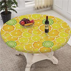 Angelsept-ljh Patterned Fitted Table Cover Durable Polyester Construction Round Full-size Yellow Decor Lemon Orange Lime Citrus Round Cut Circles Big And Small Pattern Yellow