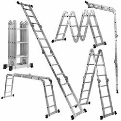 Giantex 7 In 1 Folding Extension Ladders Multi Purpose Platform Extendable Scaffold Aluminum Step Ladder 330LB 12.5 Ft