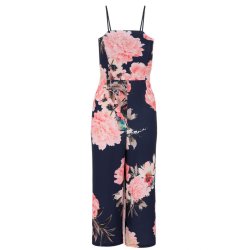 Quiz Navy And Pink Floral Print Culotte Jumpsuit