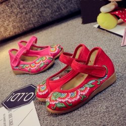 Girls Old Peking Style Flower Embroidery Mary Jane Shoes Kids Canvas Flats