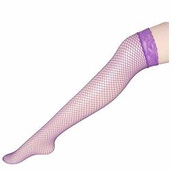 Forthery Women's Sexy Fishnet Mesh Long Socks Lace Top Solid Color Thigh High Stocking Purple Free