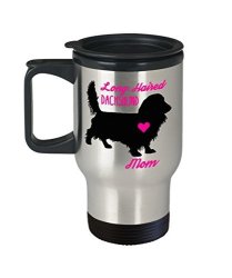 Gearbubble Long Haired Dachshund Mom Travel Mug - Insulated Portable Doxie Coffee Cup With Handle & Lid For Wiener Dog Lovers - Best Christmas Gift