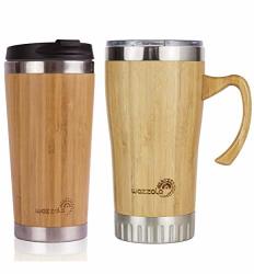 Bamboo Travel Mugs. Set Of Two: 15 Oz And 16 Oz. Insulated. Splash-proof Lid. Silicone Tea Infuser And Stainless Steel Straw Included.