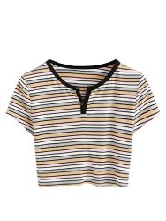 Didk Women's Contrast Neck Rib Knit Striped Crop Tee Top Multicolor M