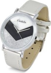 Ladies Silver Tone Watch With Silver Leatherette Strap.