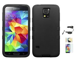 Galaxy S5 Case Black+black Hybrid Hard Soft Durable Bumper Armor Back Cover For Samsung Galaxy S5 Included Momiji Screen Protector Cleaning Cloth Car Charger