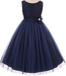 Akidress Lace Top Tulle Bottom With Pearl Flower T-length Dress For Little Girl Navy 4