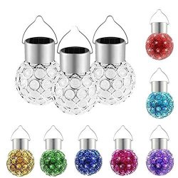 Set Of 3 Solar Crystal Hanging Mosaic Lights Color Changing LED Lantern Weatherproof Solar Powered Rechargeable Crackle Glass Ball Lamp For Garden Patio Outdoor