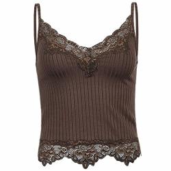 Aislor Lace Patchwork Crop Top Y2K Clothes For Women Cropped Tees Ribbed Knitted Tank Top Camisole Brown Large