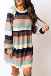 Multicolor Striped Color Block Long Sleeve MINI Dress - XL SA40 UK16