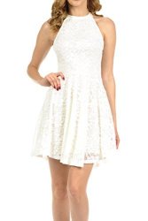 Collection Aulin Womens Halter Sleeveless Floral Lace Skater Dress Ivory Small
