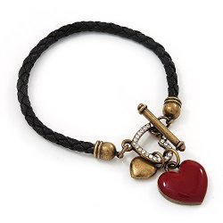 Avalaya Black Leather Red Enamel Heart Charm Bracelet With T- Bar Closure - Up To 19CM Wrist