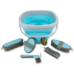 Southwestern Equine Collapsible Grooming Kit 10 Liter Bucket And 5 Grooming Tools Turquoise