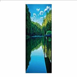 3D Decorative Film Privacy Window Film No Glue Nature Wooden Bridge Trees Forest Along The River Lake Clouds Honeymoon Landscape Picture Green Blue For