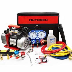 AUTOGEN Portable 4CFM 1 3HP Air Vacuum Pump Hvac R134A R12 R22 R502 A c Refrigeration Kit Ac Manifold Gauge Set Kit & Leak Detector &