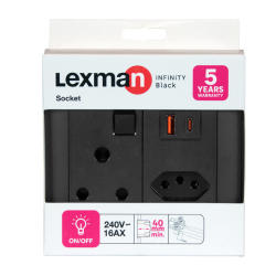 Lexman Single Socket & 1XIEC USB 3.1 A+c Infinity Black 100X100 1X16A