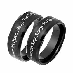 Beydodo Wedding Rings His And Hers Stainless Steel Rings His And Hers Black Ring Engraved Forever My King queen Women Size 8 And Men Size 11