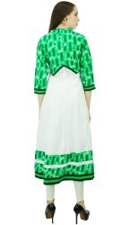 Phagun Womens Cotton Anarkali Kurta Indian Tunic White & Green Designer Long Sleeve Kurti PCKL375A
