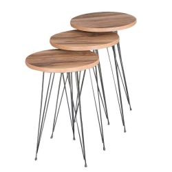Luxurious Modern 3 Piece Round Nesting Side end Table Set With Metal Legs - Walnut