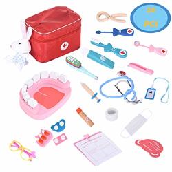 Jujunshangmao Role Play Doctor Kit For 3 4 5 6 7 8 Kids Girls Boys Pretend Play Wooden Medical Kit Set 26 Pcs With A Medical Carry Bag Rabbit Puppet As Shown