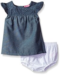 Isaac Mizrahi Baby Girls' 2 Piece Rear Snap Sundress With Diaper Cover Blue Chambray 24 Months