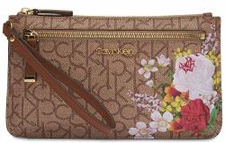 Calvin Klein Logo Floral Top Zip Wristlet Clutch Phone Wallet Bag